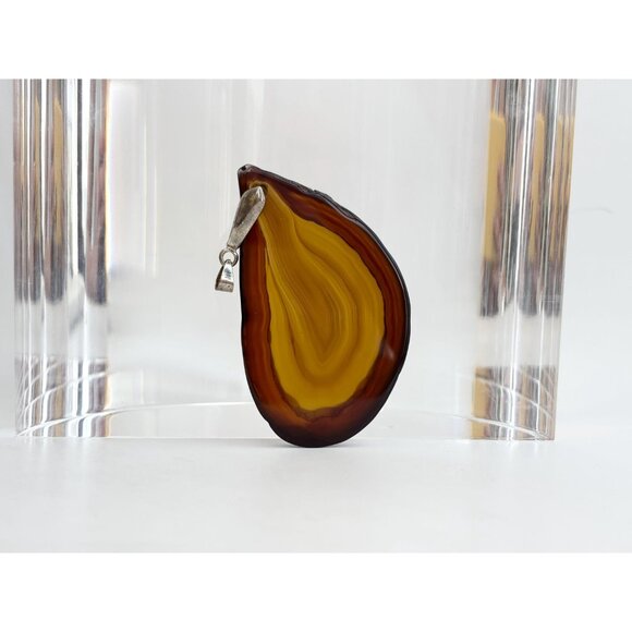 Brown Polished Agate Crystal Freeform Shaped Large Silver Toned Vintage Pendant - Picture 9 of 10